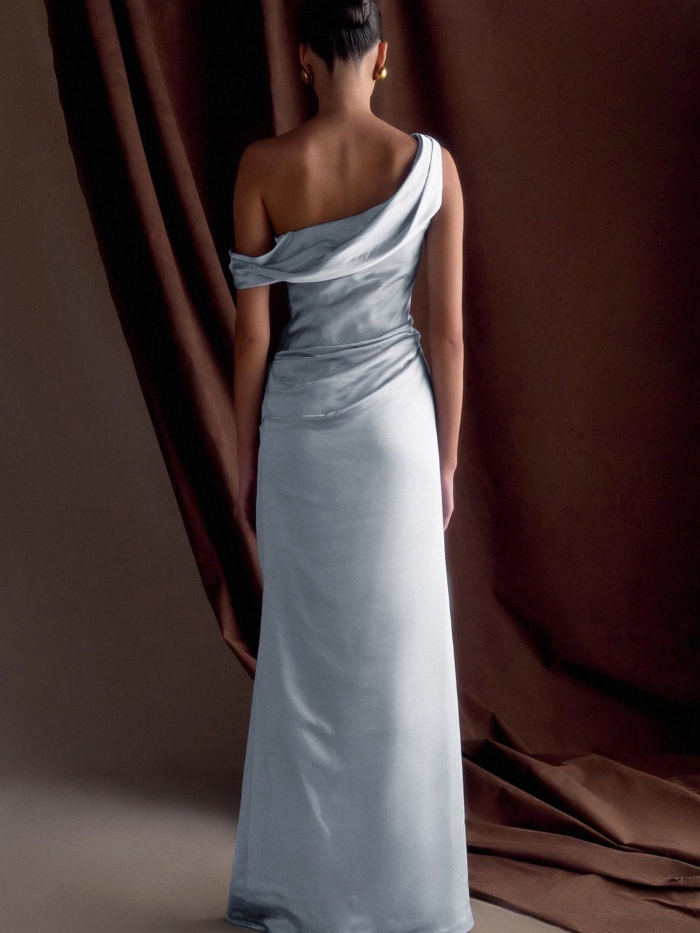 Meshki One-Shoulder Satin Gown in Light Silver Blue - Picture 2 of 8